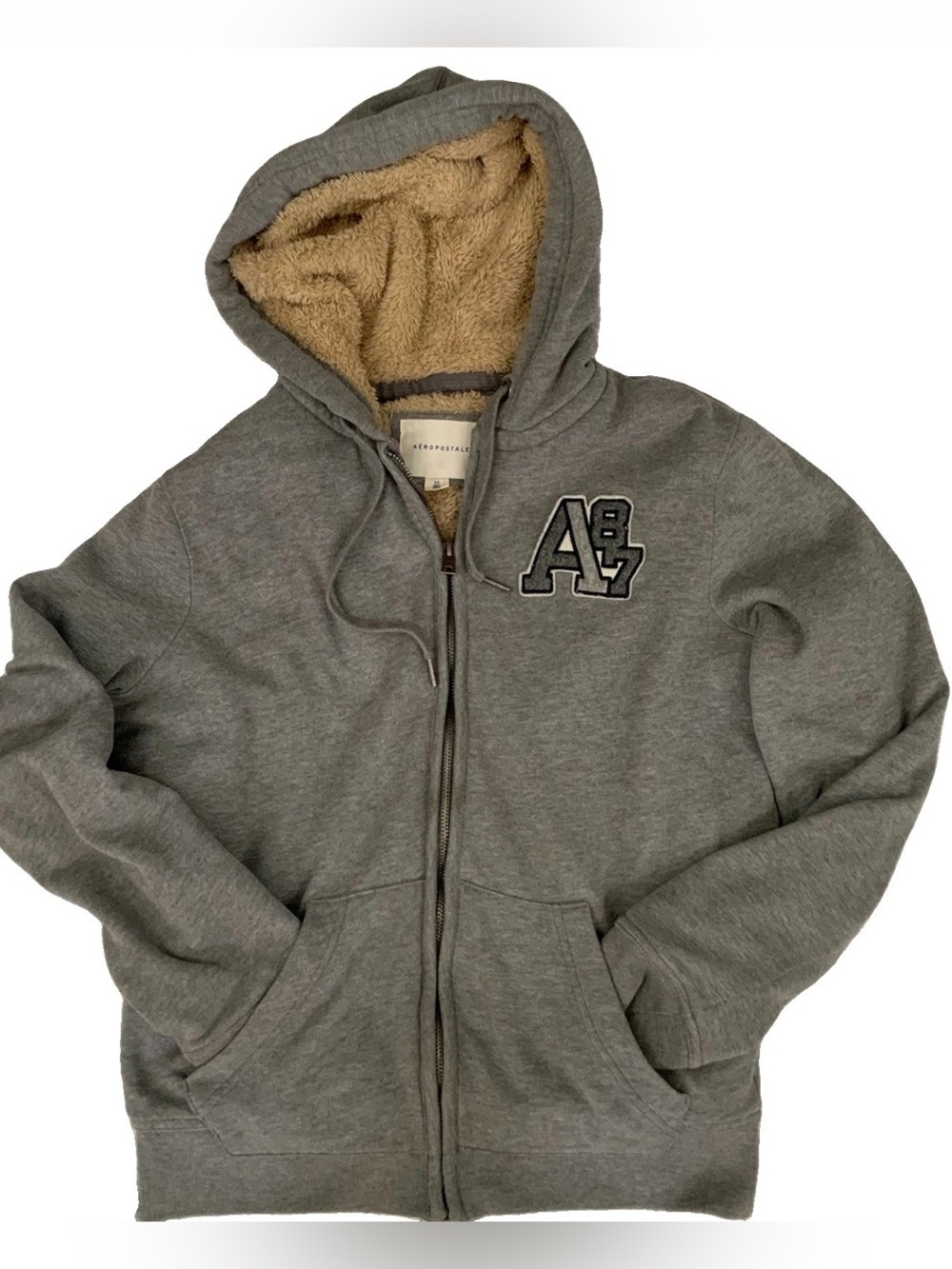 Aeropostale Men’s XS Sherpa Lined Hoodie Gray A87 Patch Full Zip Sweat Jacket